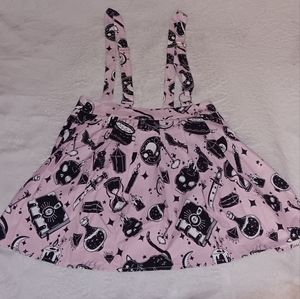 Witchcraft All Over Print Pink Skirt With Suspender Straps Witch Black Cat Skull